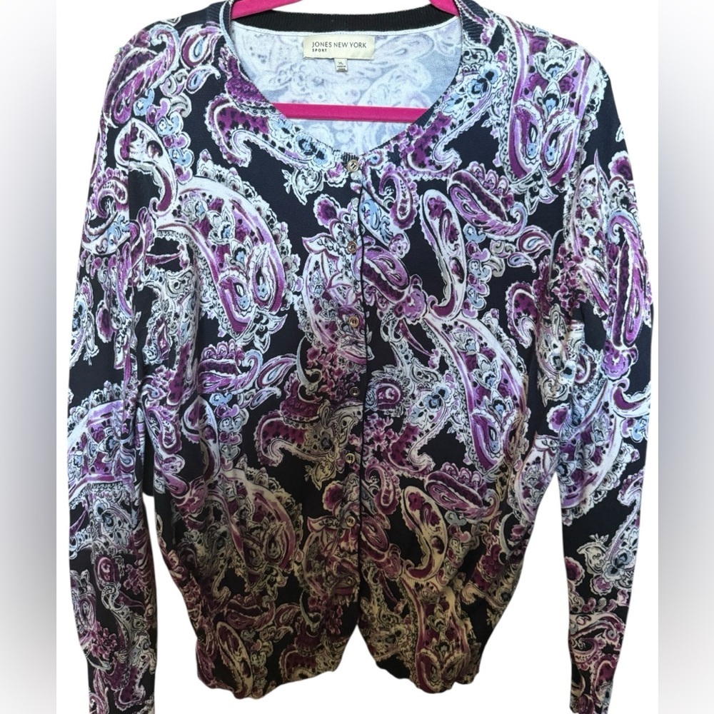 Jones New York Sport Cardigan Top XL Purple Paisley Button Front Knit